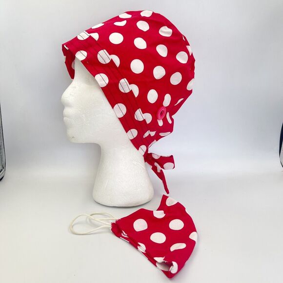 Unisex Surgical Scrub Hat With Matching Mask Red Polka Dots - Picture 11 of 12